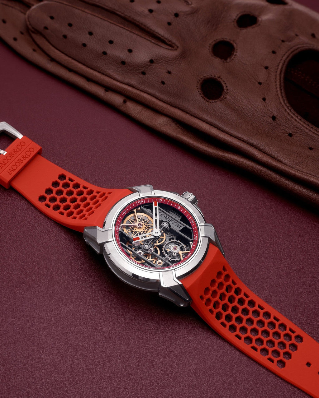 Limited Edition Jacob & Co. Epic X Skeleton watch with an orange rubber strap. (I01)