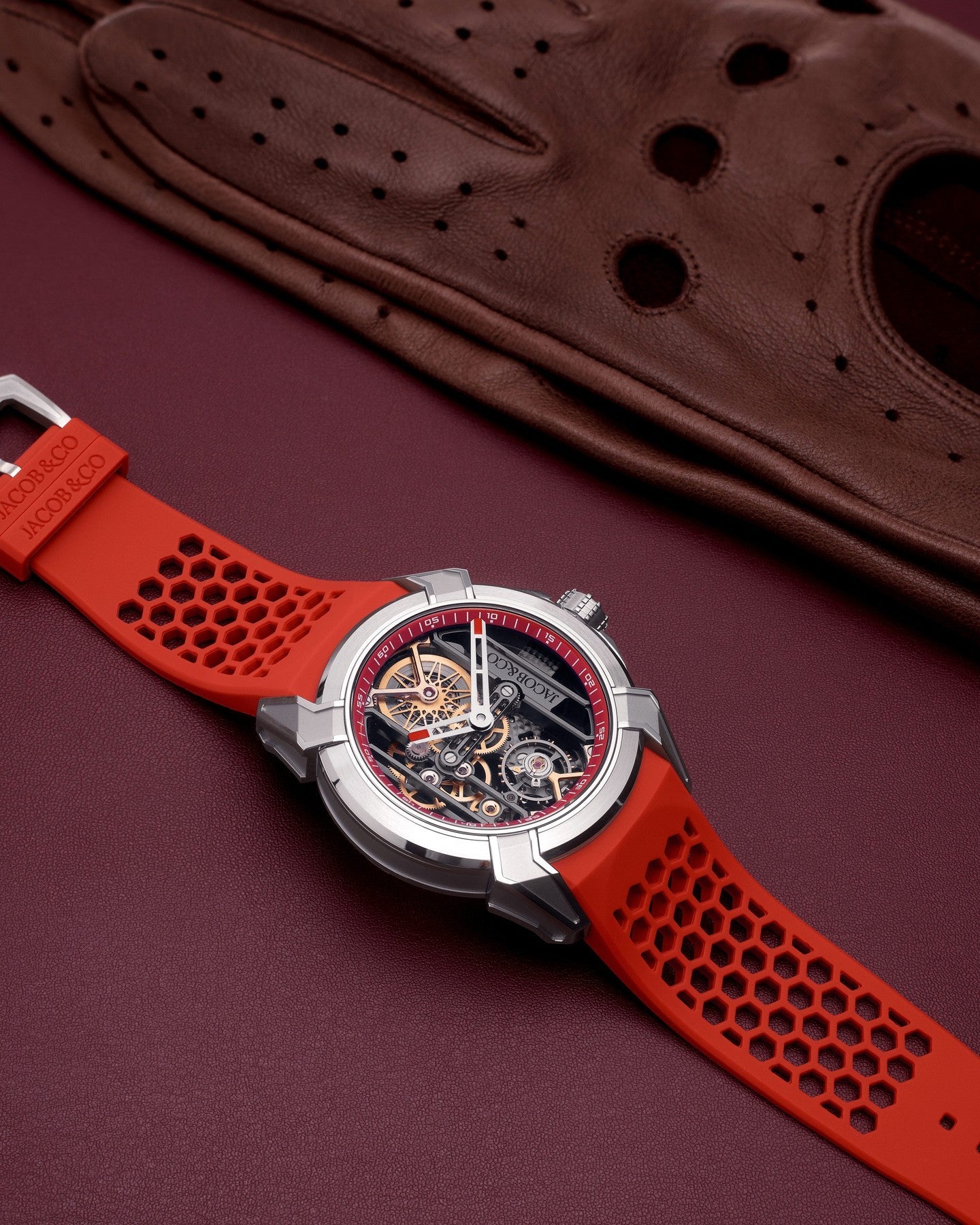 Limited Edition Jacob & Co. Epic X Skeleton watch with an orange rubber strap. (I01)