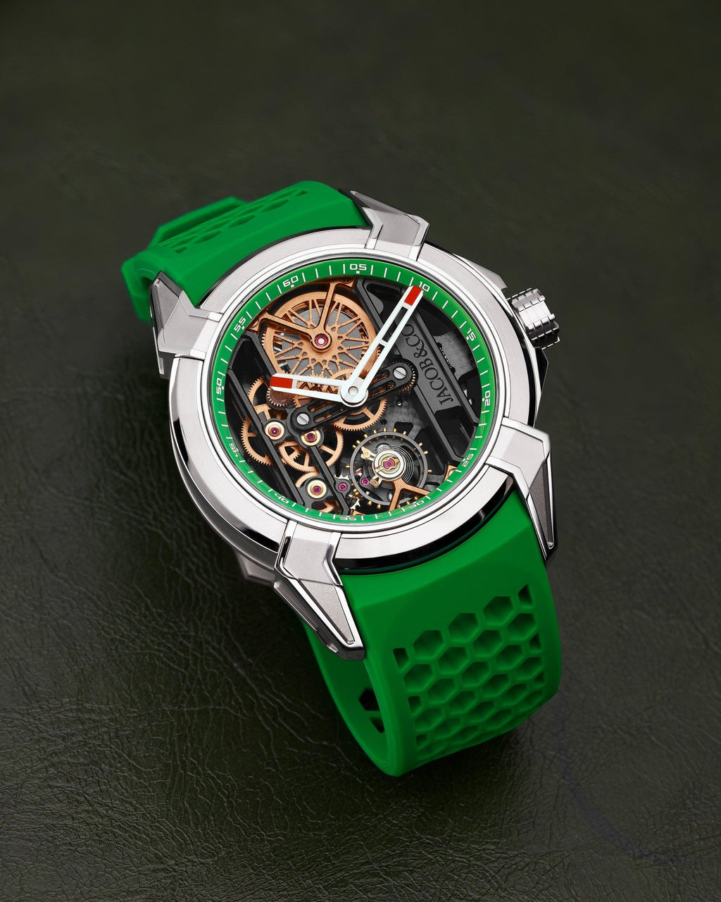 Limited Edition Jacob & Co. Epic X Skeleton watch with an orange rubber strap. (I01)
