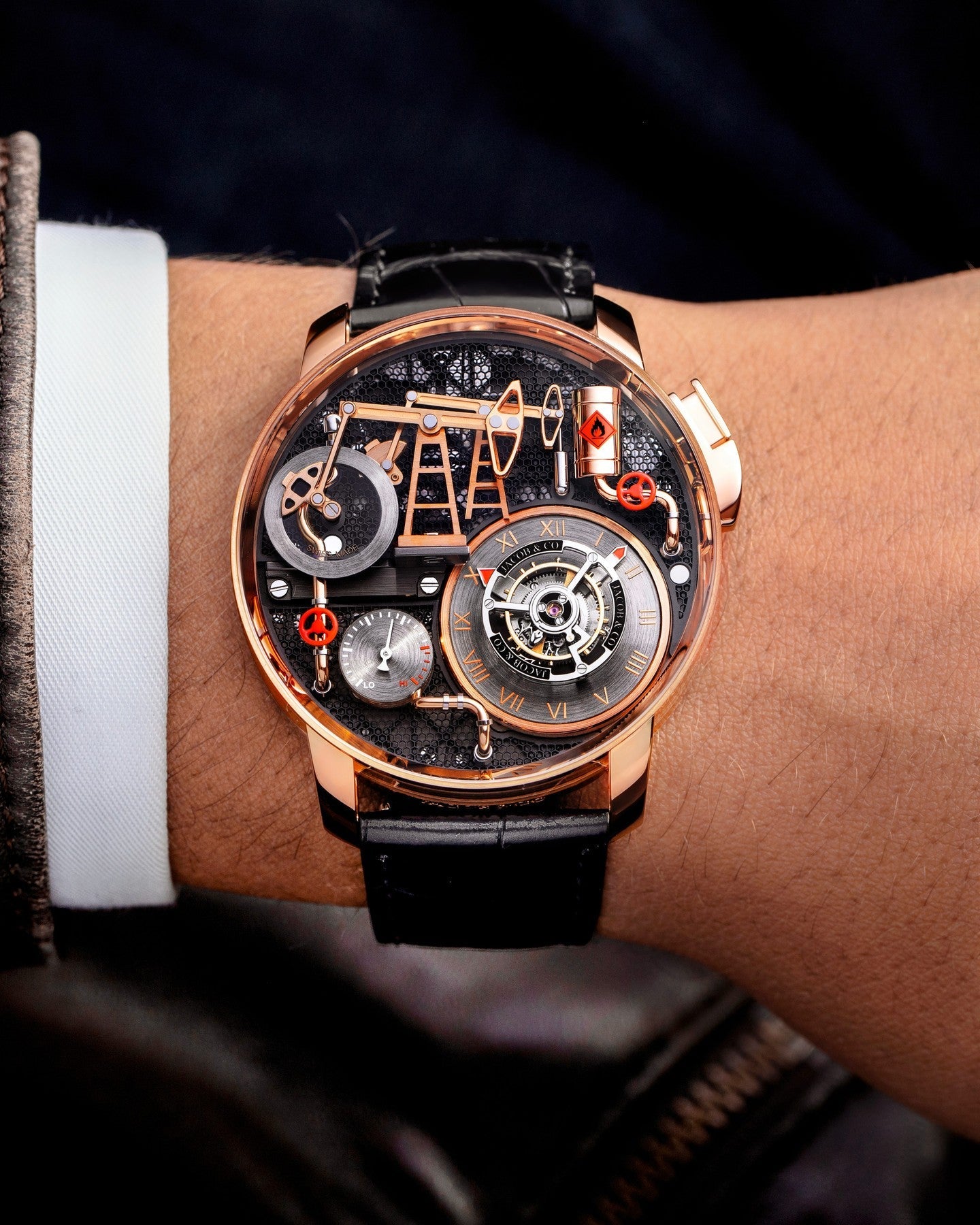 Limited Edition Jacob & Co. Oil Pump Tourbillon Automaton wristwatch in rose gold Watch (I01)